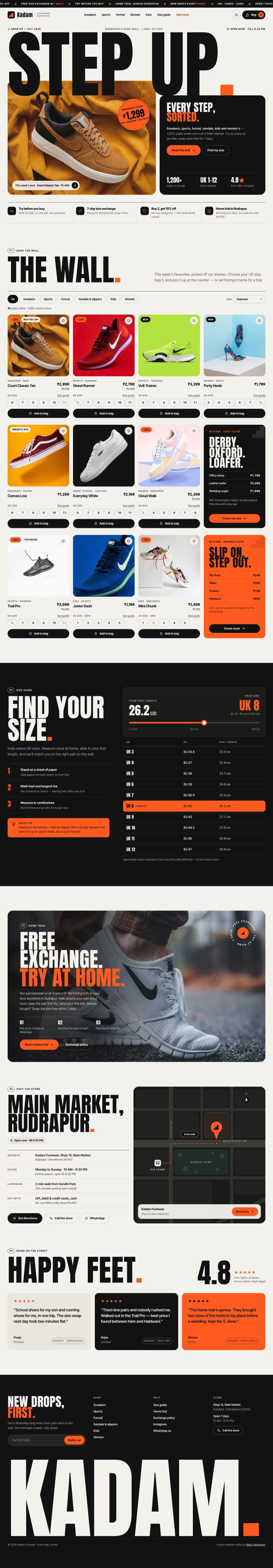 Full page of the Kadam Footwear shoe store demo website