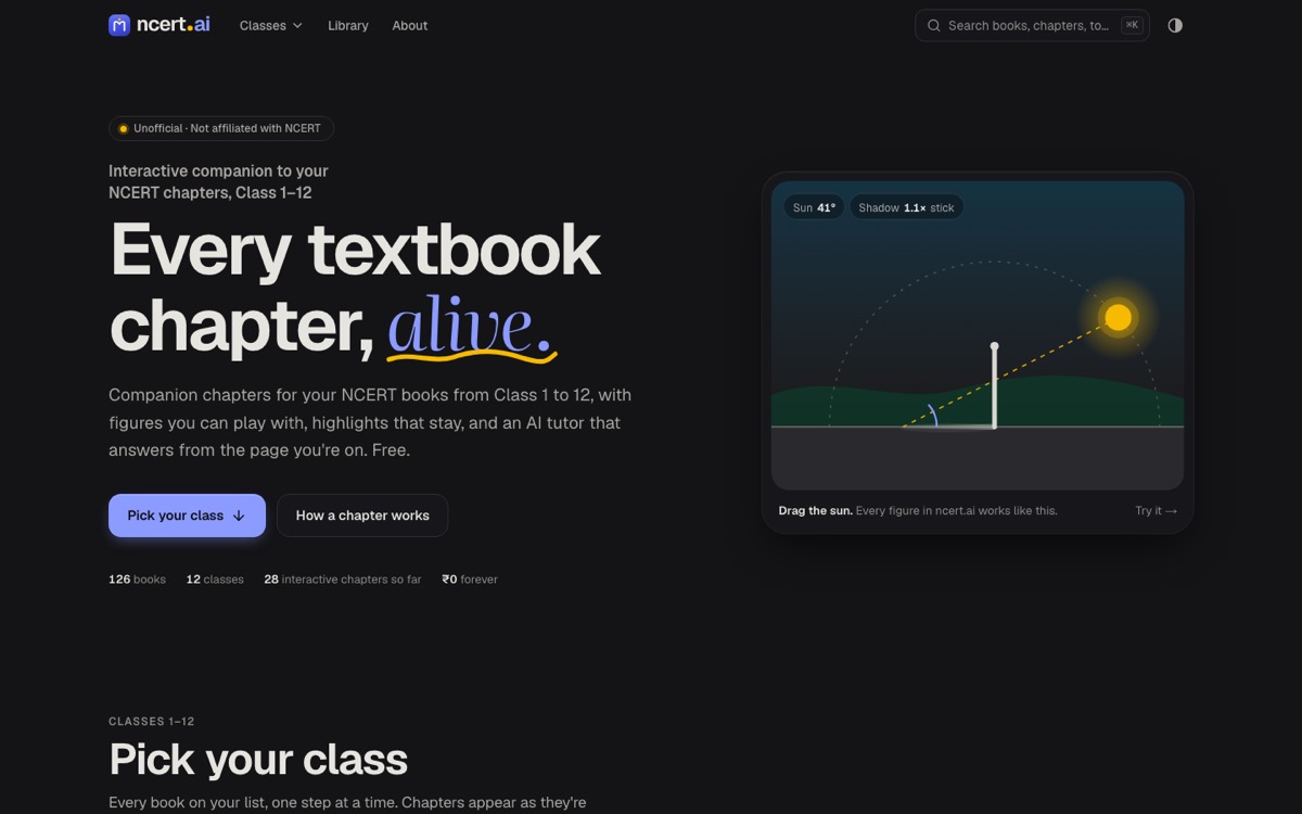 ncert.ai home page: Every textbook chapter, alive, with an interactive sun-and-shadow simulation