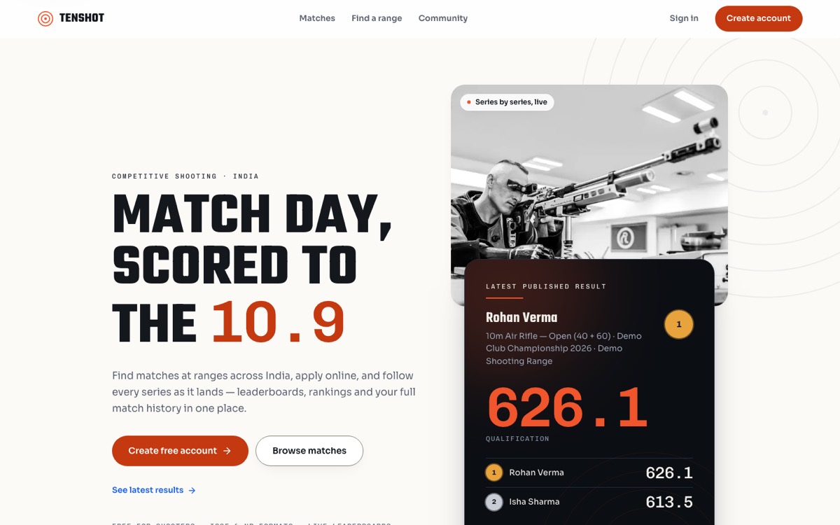 Tenshot home page: Match day, scored to the 10.9, with a live leaderboard card