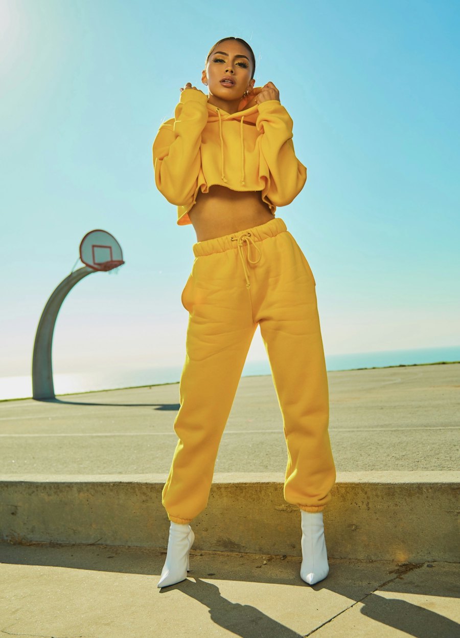 Marigold yellow fleece cropped hoodie and drawstring joggers